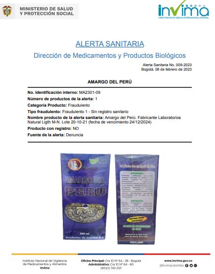 Alerta sanitaria por fitoterapéutico Amargo del Perú