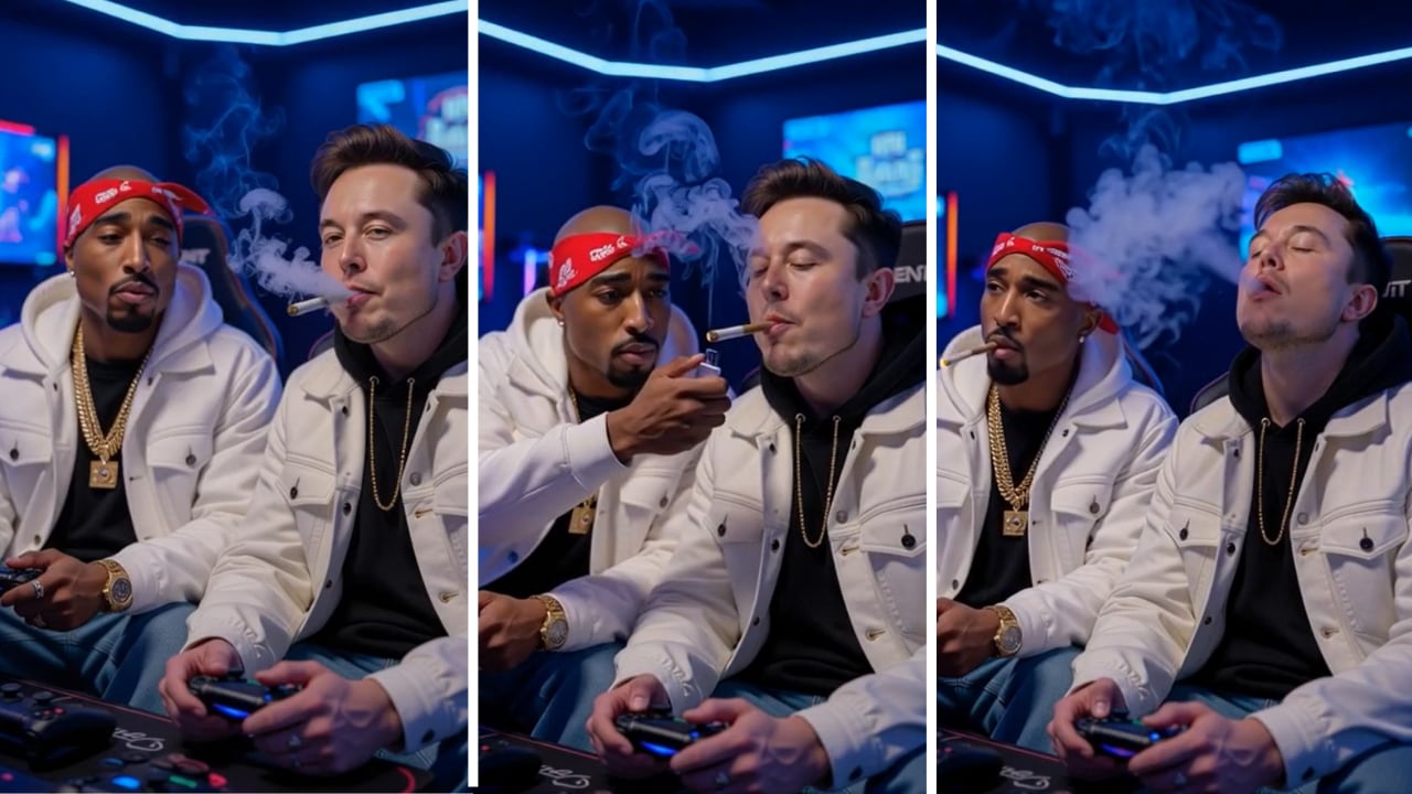 La imagen de Musk fumando con Tupac, generada por inteligencia artificial, refleja el alcance creativo de Grok Imagine.