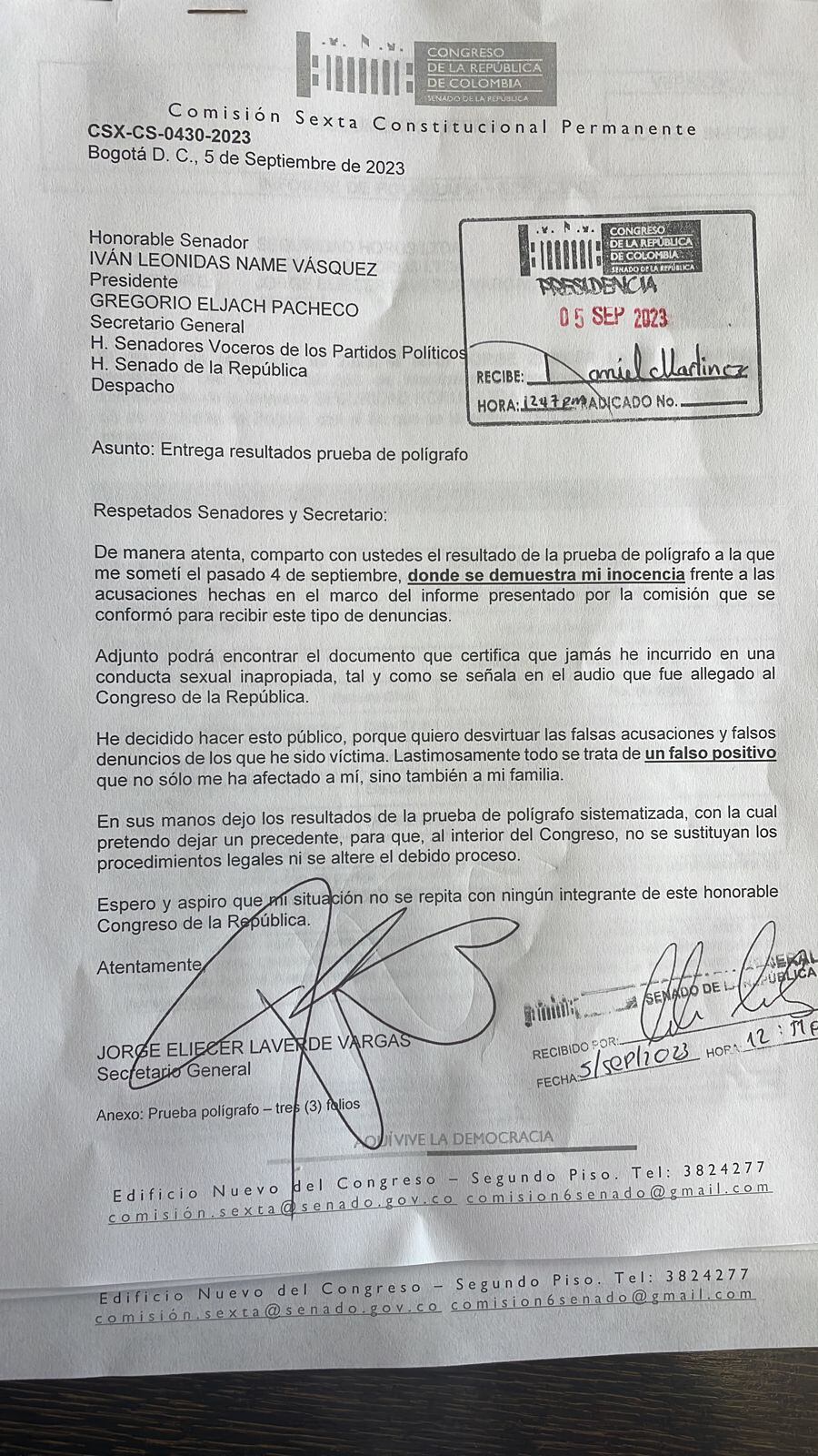 El secretario de la Comisión Sexta de Senado, Jorge Eliécer Laverde, se realizó una prueba de polígrafo para documentar que él no ha acosado sexualmente a ninguna mujer.