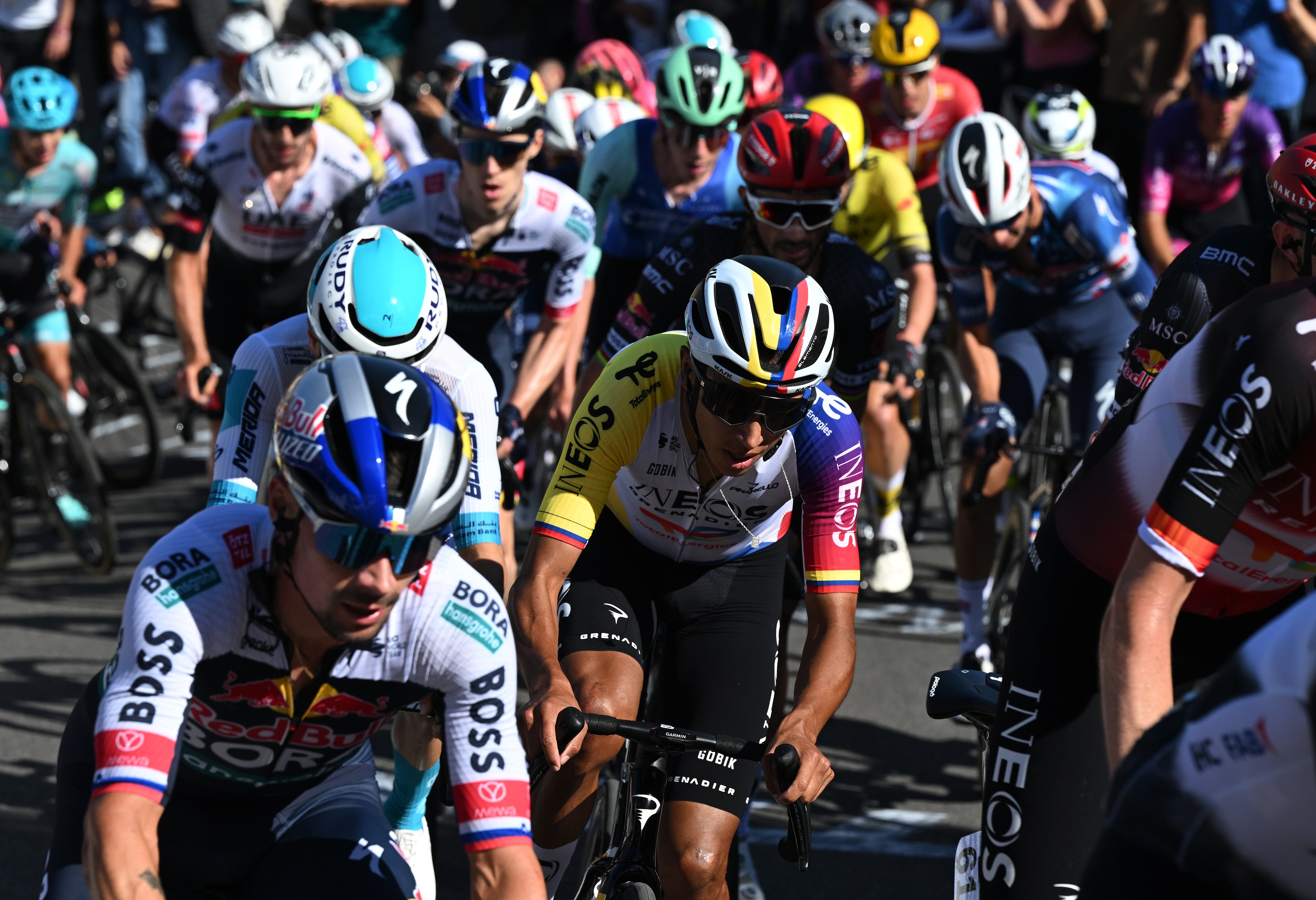 SAN LUCA, ITALY - OCTOBER 04: Egan Bernal of Colombia and Team Ineos Grenadiers competes during the 108th Giro dell'Emilia 2025 a 199.2km one day race from Mirandola to San Luca on October 04, 2025 in San Luca, Italy. (Photo by Dario Belingheri/Getty Images)