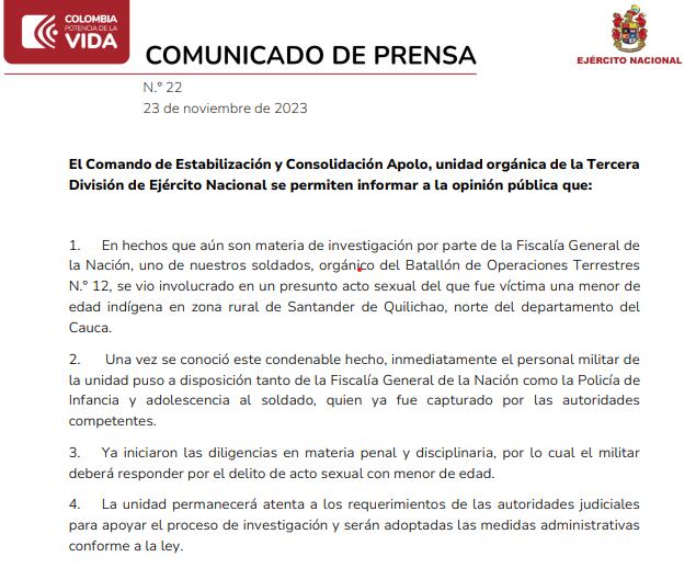 Comunicado del Ejército sobre presunto acto sexual de un soldado con una menor indígena en el Cauca.
