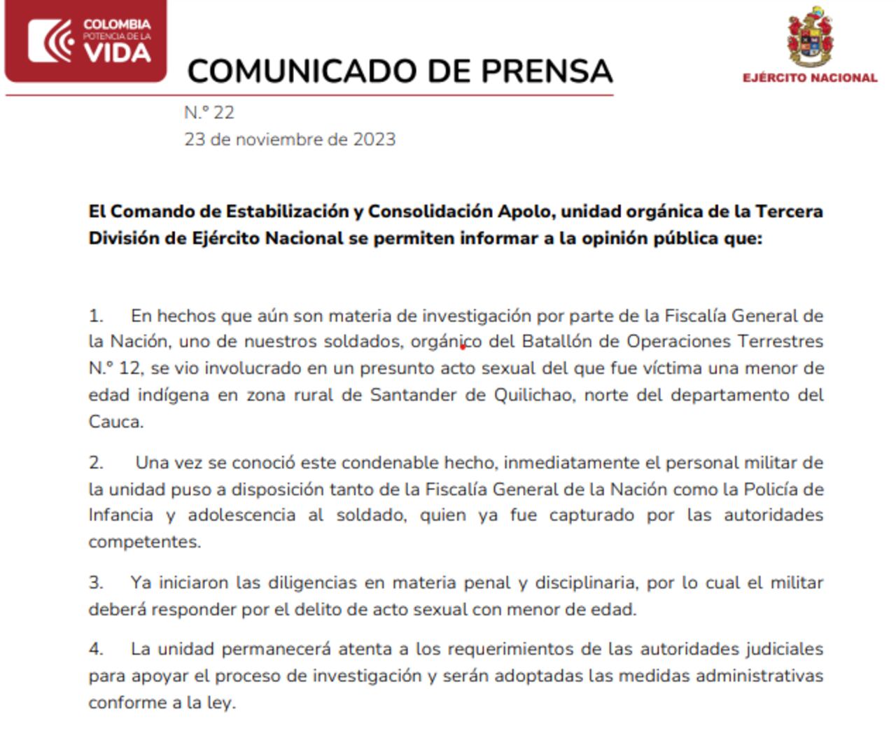 Comunicado del Ejército sobre presunto acto sexual de un soldado con una menor indígena en el Cauca.