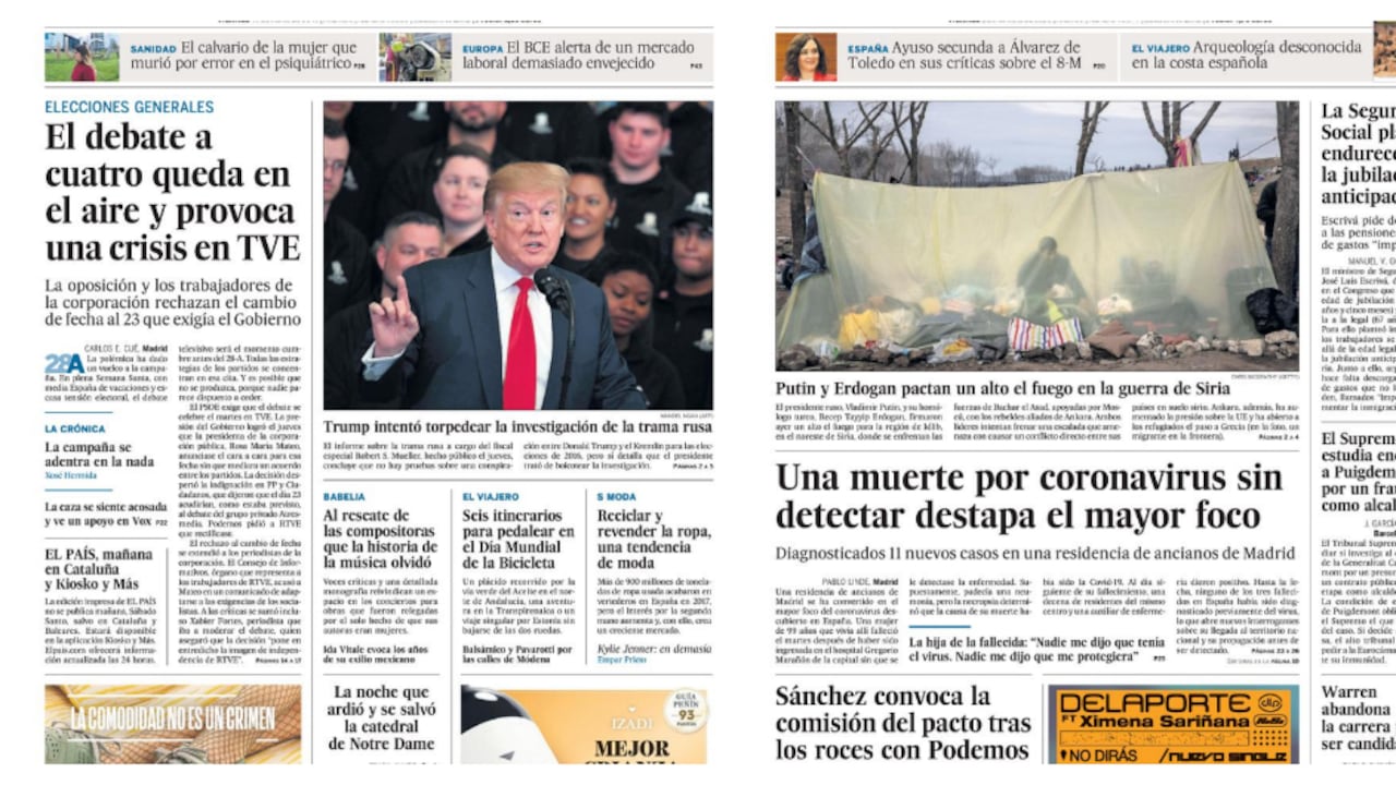 Dos portadas de El País, de España