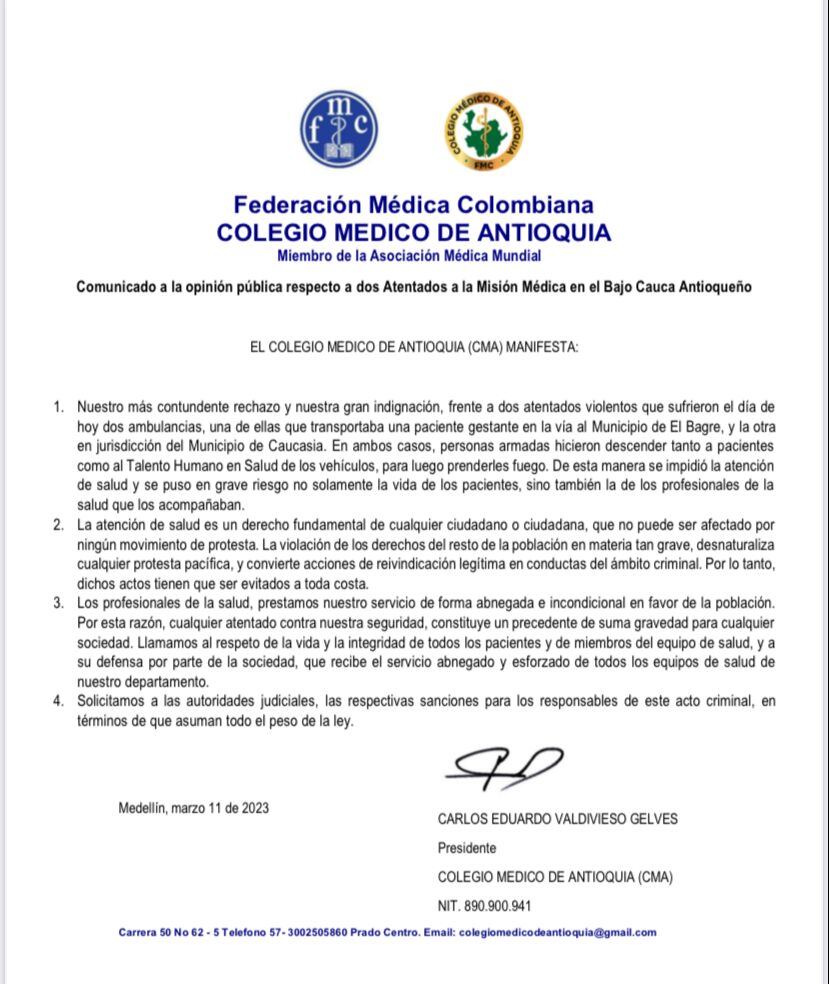 Comunicado Colegio Médico de Antioquia.