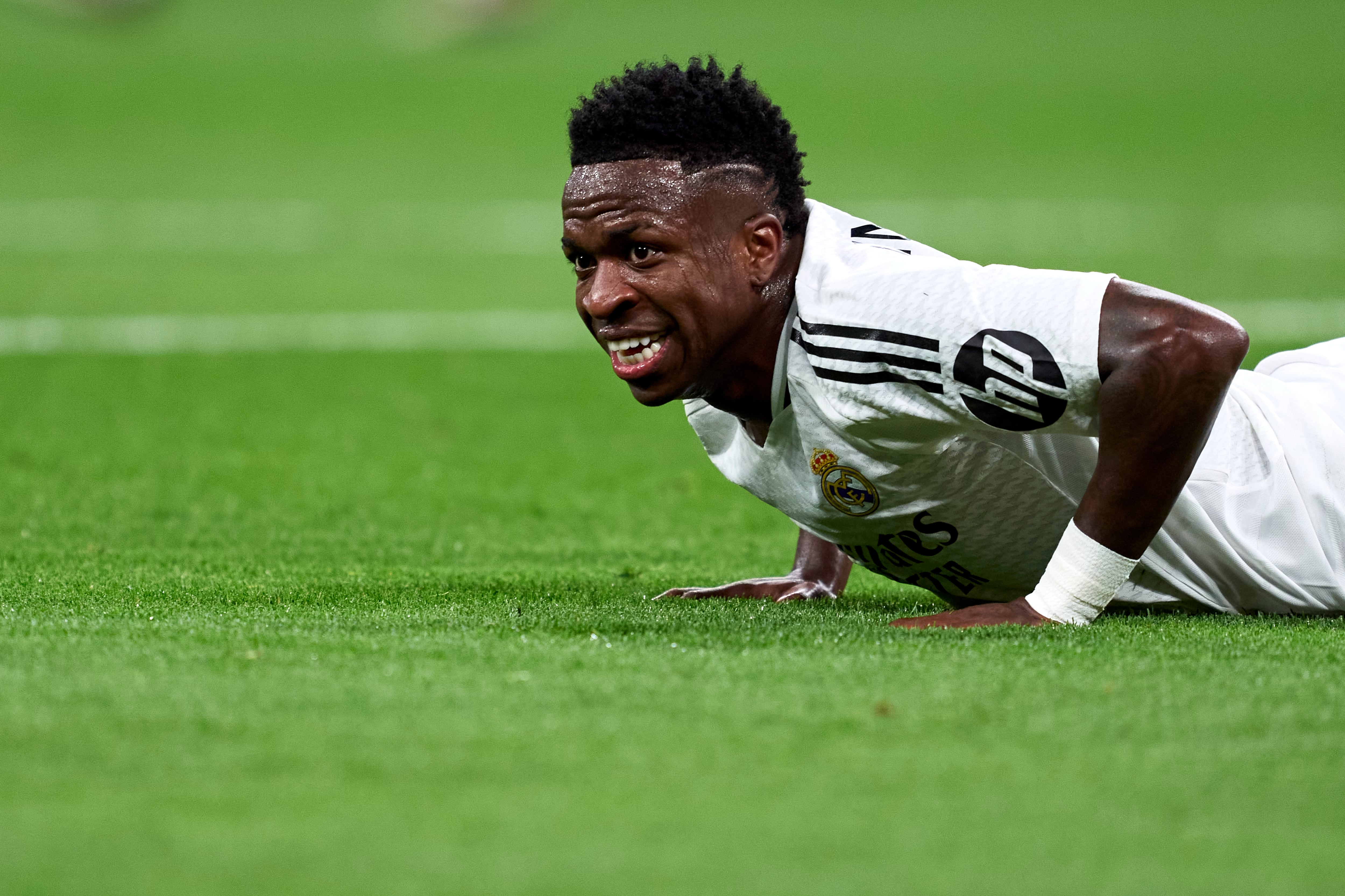 MADRID, SPAIN - OCTOBER 22: Vinicius Junior of Real Madrid CF reacts during the UEFA Champions League 2024/25 League Phase MD3 match between Real Madrid C.F. and Borussia Dortmund at Estadio Santiago Bernabeu on October 22, 2024 in Madrid, Spain. (Photo by Mateo Villalba/Getty Images)