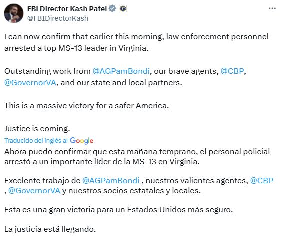 Mensaje emitido por el director del FBI tras el arresto