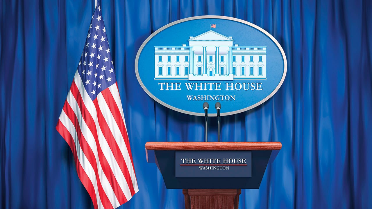 Politics of White House and President of USA United states concept. Podium speaker tribune with USA flags and sign of White House. 3d illustration