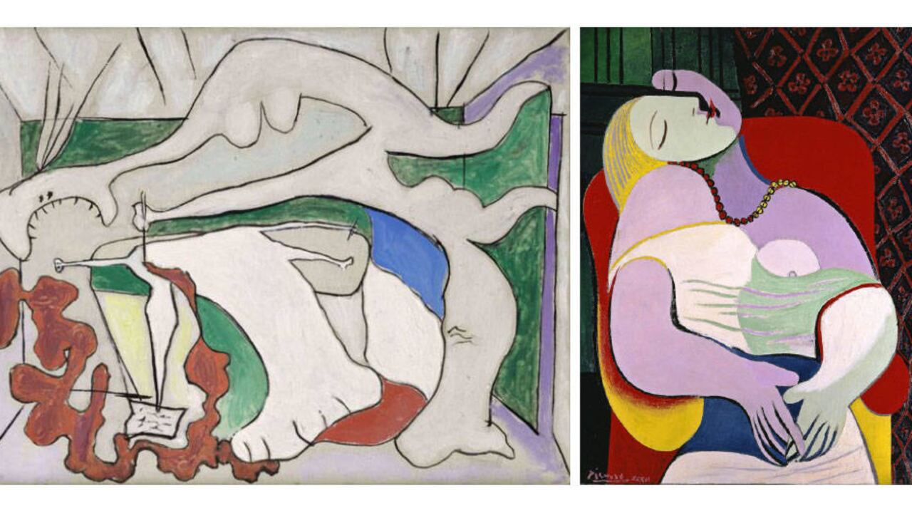 'Mujer con daga' (izquierda) abre la muestra. En él una mujer apuñala a otra, su rival. Al parecer son Olga y María Teresa, la esposa y la amante de Picasso en esa época. 'El sueño' (derecha) es quizás el cuadro más erótico de la exposición por la forma fálica que tiene media cara de María Teresa.