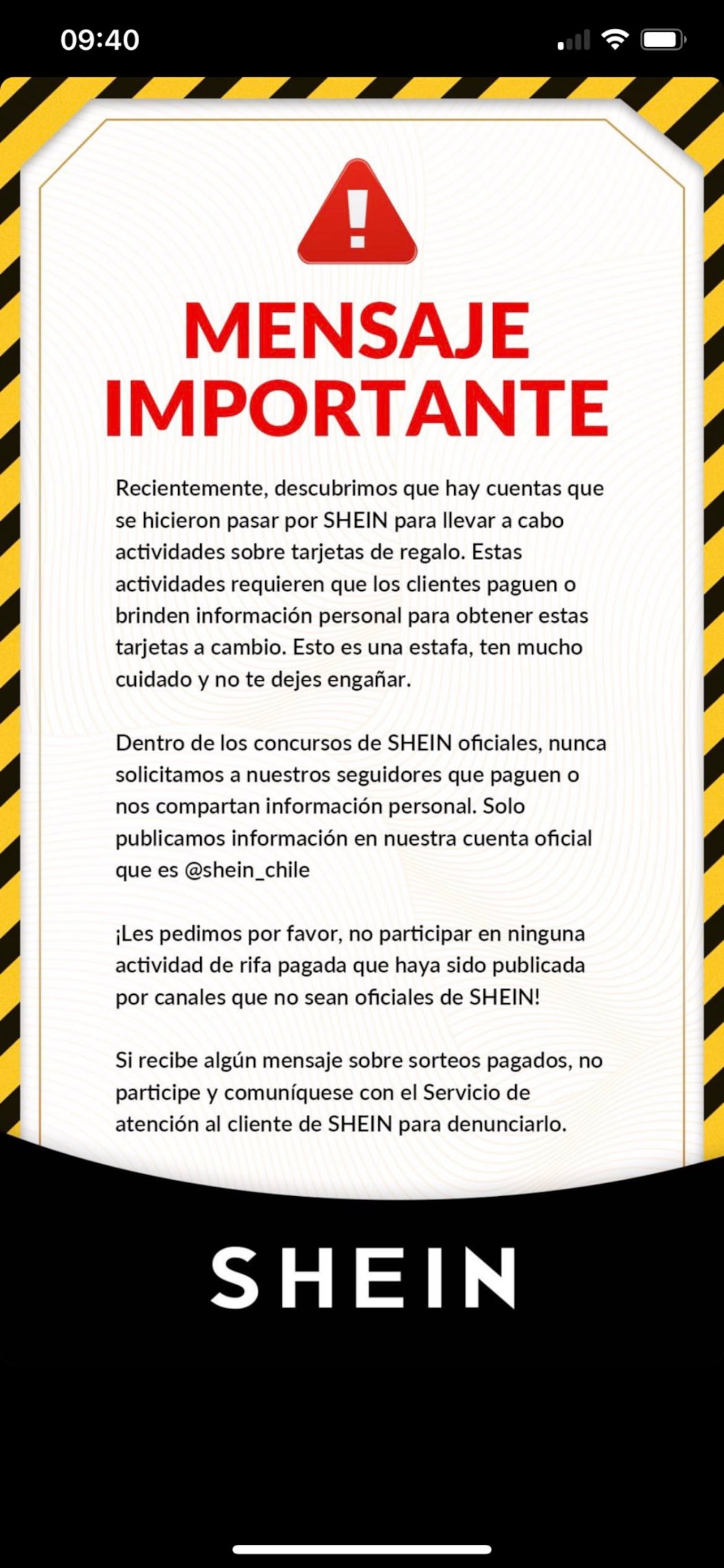 Captura de pantalla en Twitter del comunicado emitido por la compañía Shein en redes sociales.