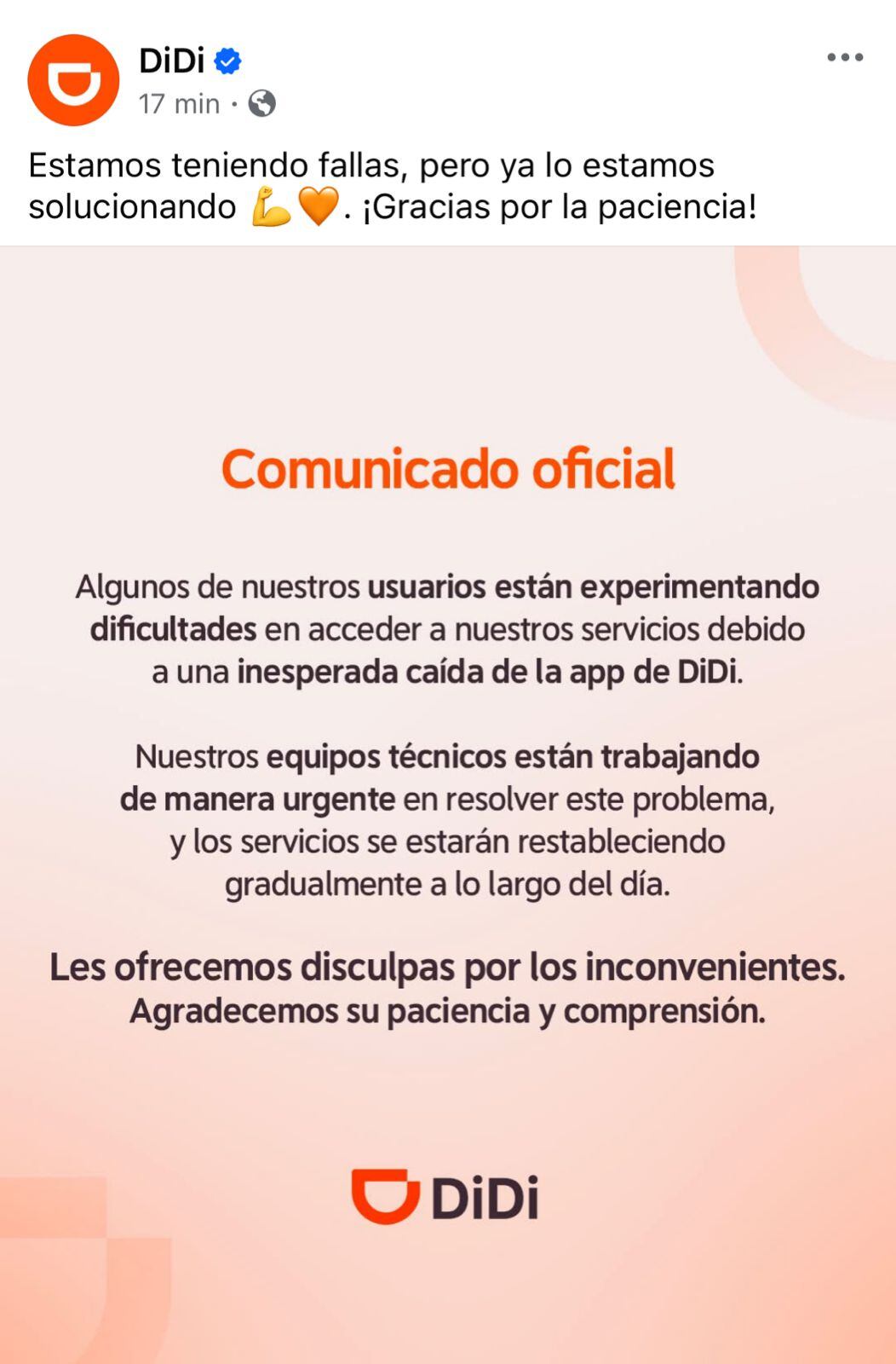 La compañía emitió un comunicado tras la caída masiva de su servicio hoy.