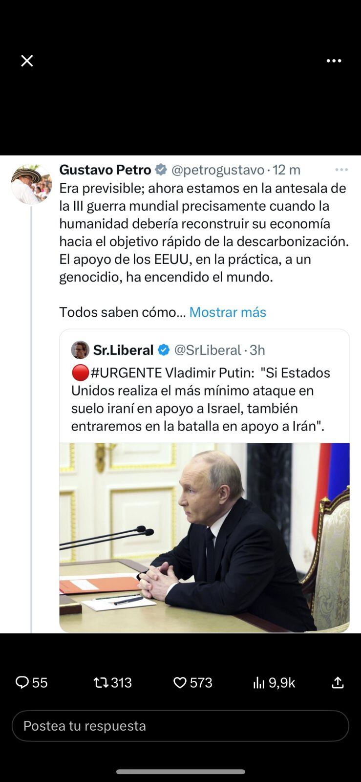 Mensaje que publicó Petro en X, y luego tuvo que borrar