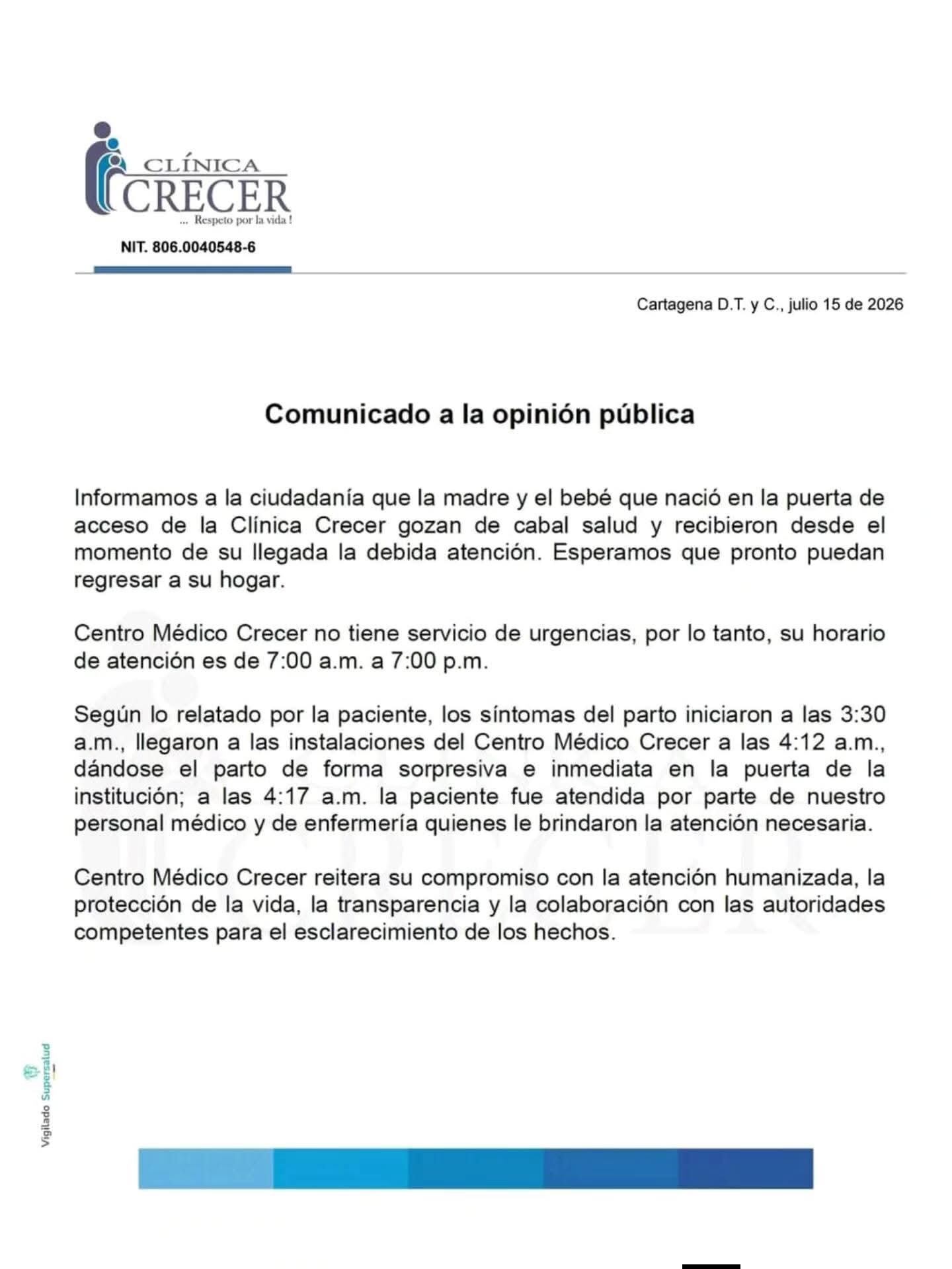 Este es el comunicado que emitió la clínica.