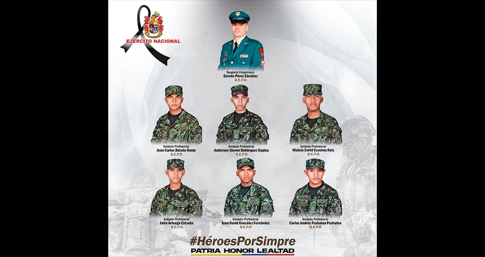 Los siete militares fueron asesinados por las disidencias de las Farc de alias Calarcá, quien se encuentra en negociaciones de paz con el Gobierno. Estaban caminando porque iban a regresar a sus casas luego de varios meses de servicio en el departamento.