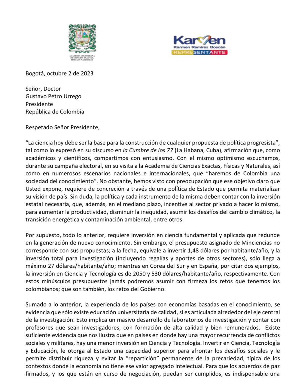 La carta de un sector de académicos que le llegó al presidente Gustavo Petro.