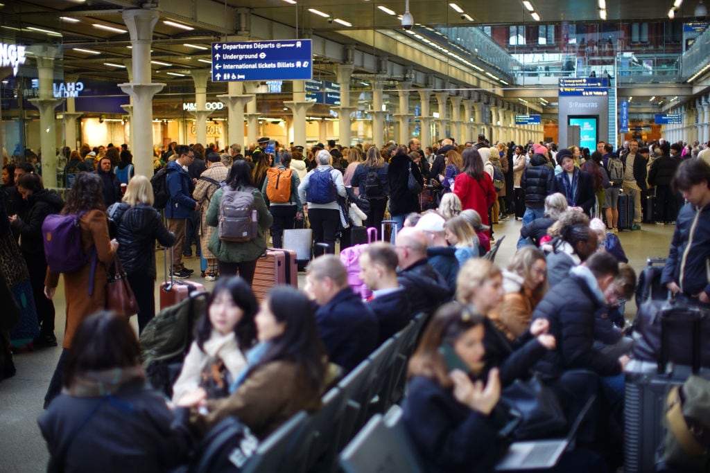 Passengers at St Pancras International station in London, after Eurostar trains to the capital have been halted following the discovery of an unexploded Second World War bomb near the tracks in Paris. Picture date: Friday March 7, 2025. (Photo by James Manning/PA Images via Getty Images)