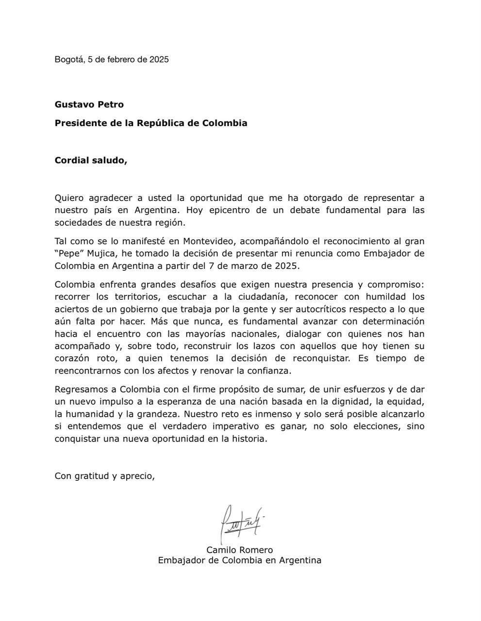 Carta renuncia embajador Camilo Romero
