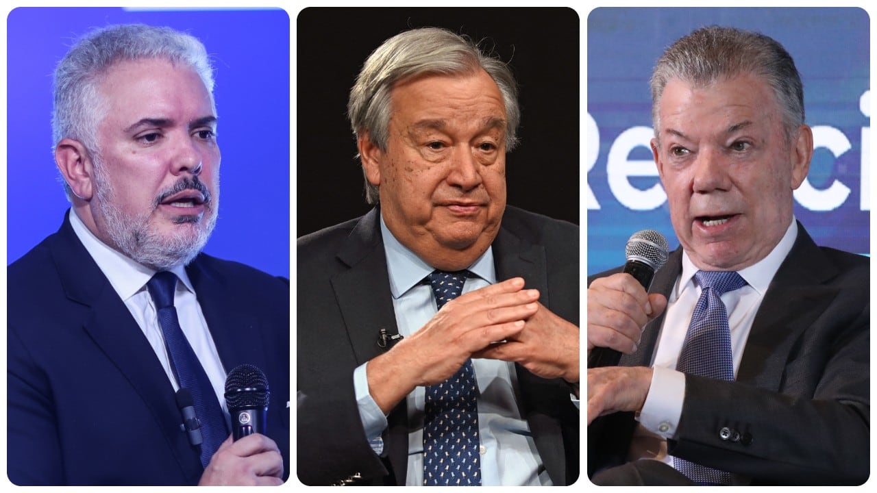 El expresidente Iván Duque, el secretario general de la ONU, Antonio Guterres, y el exmandatario Juan Manuel Santos.