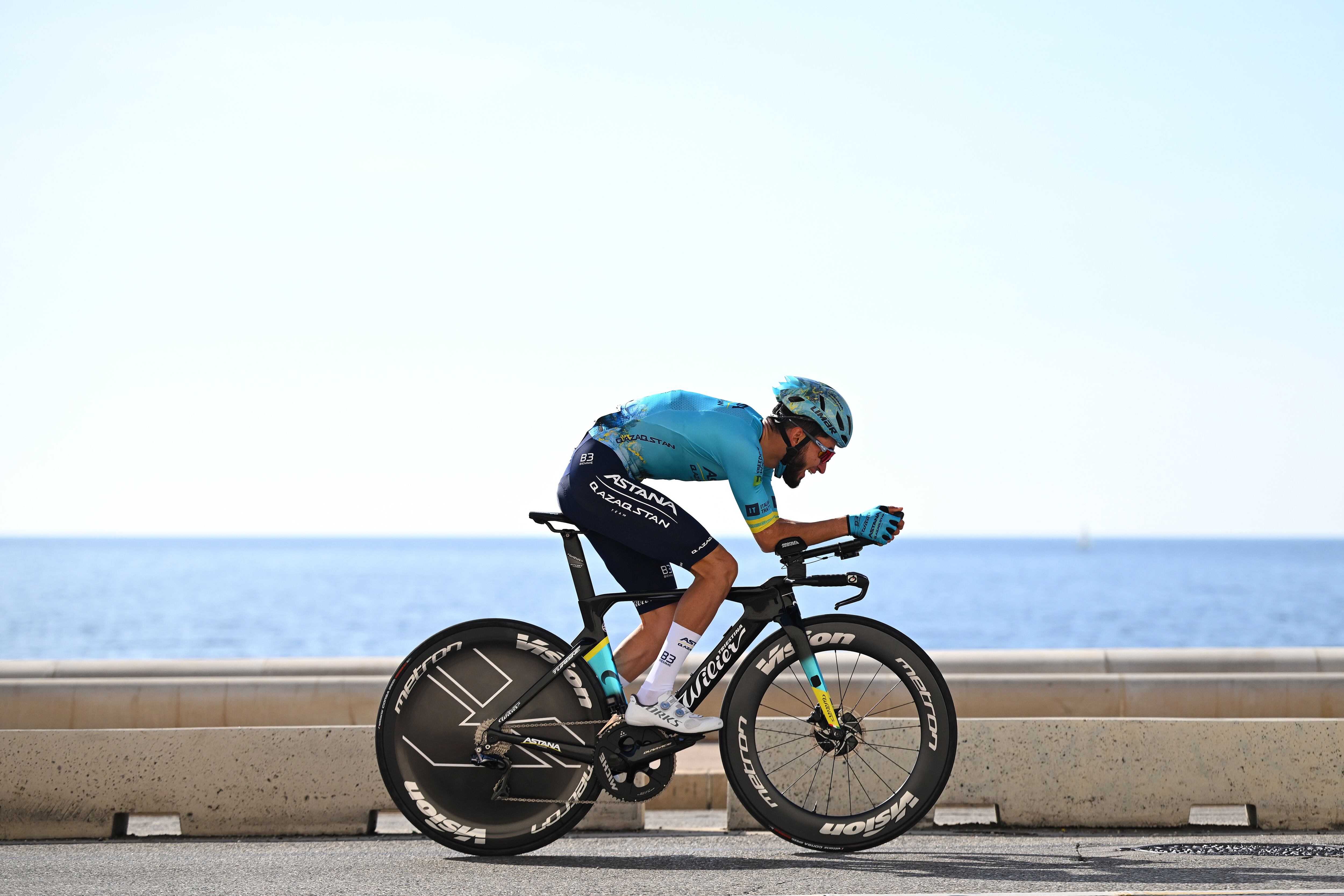 MARSEILLE, FRANCE - FEBRUARY 08: Ilkhan Dostiyev of Kazakhstan and Astana Qazaqstan Development Team sprints during the 8th Tour de la Provence 2024, Prologue a 5km individual time trial on February 08, 2024 in Marseille, France. (Photo by Billy Ceusters/Getty Images)