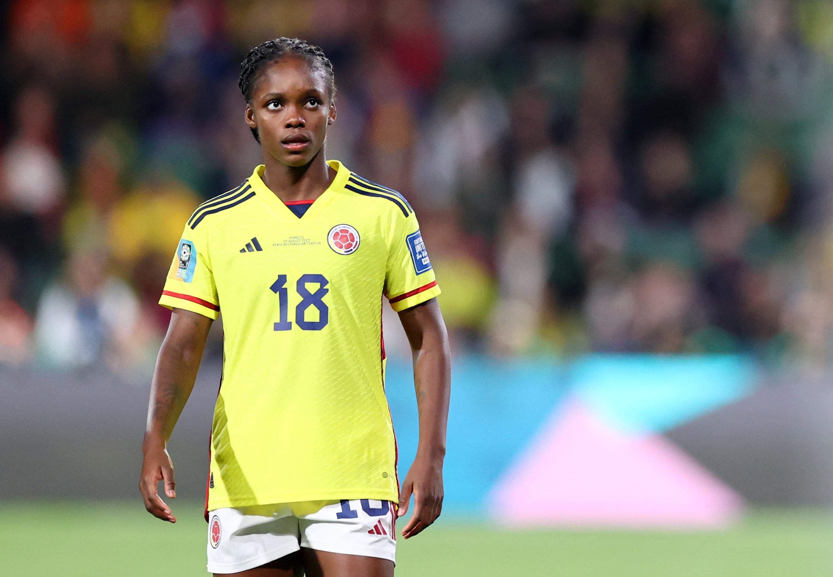 Soccer Football - FIFA Women’s World Cup Australia and New Zealand 2023 - Group H - Morocco v Colombia - Perth Rectangular Stadium, Perth, Australia - August 3, 2023 Colombia's Linda Caicedo reacts REUTERS/Luisa Gonzalez