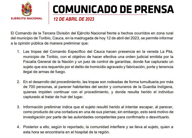 Comunicado del Ejército sobre secuestro de militares en Cauca.