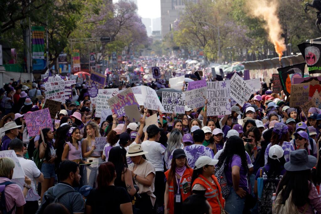 March 8, 2024, Mexico City, Mexico: Women during the International Women's Day demonstration, as hundreds of women join protests around the world to commemorate International Women's Day. (Photo by Luis Barron / Eyepix Group). (Photo credit should read Luis Barron / Eyepix Group/Future Publishing via Getty Images)