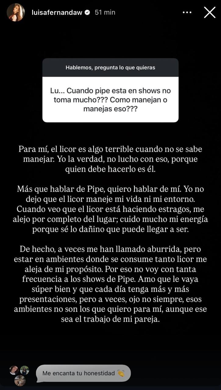 Luisa Fernanda W habló de cómo maneja el tema del licor con Pipe Bueno