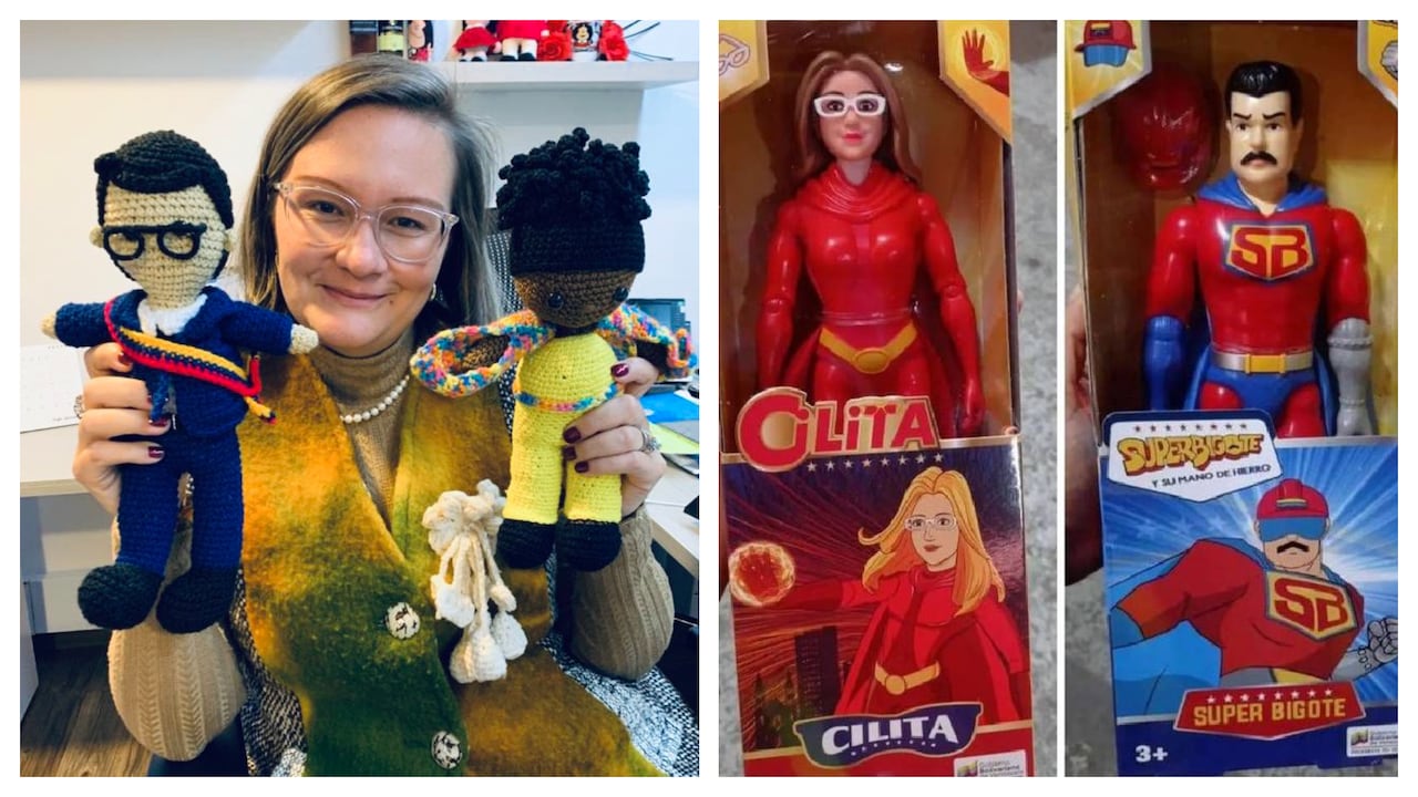 Cielo Rusinque con muñecos de Petro y Francia Márquez.