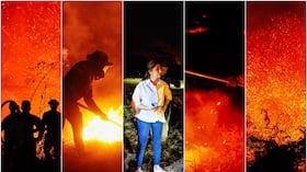 Adriana Magali Matiz, gobernadora del Tolima, en el centro de la imagen. A los costados, las imágenes de los incendios forestales en el departamento