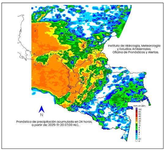 La escala de colores indica la cantidad de precipitación acumulada - jueves 20 de noviembre de 2025