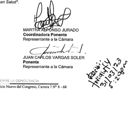 Hora en la que se radicó la ponencia para el primer debate de la reforma a la salud.