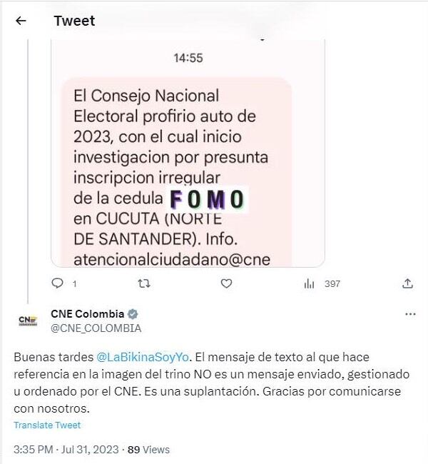 El CNE se pronunció por la red social Twitter, ahora conocido como X, y poco después eliminó el posts.