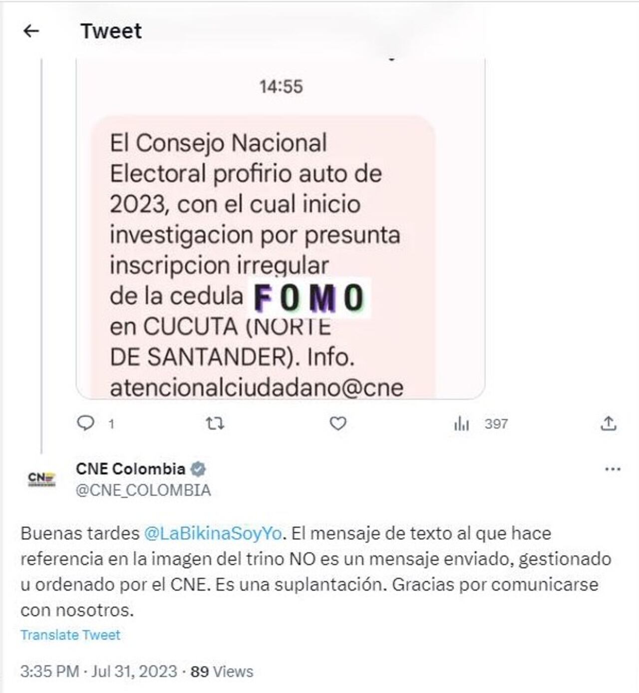 El CNE se pronunció por la red social Twitter, ahora conocido como X, y poco después eliminó el posts.