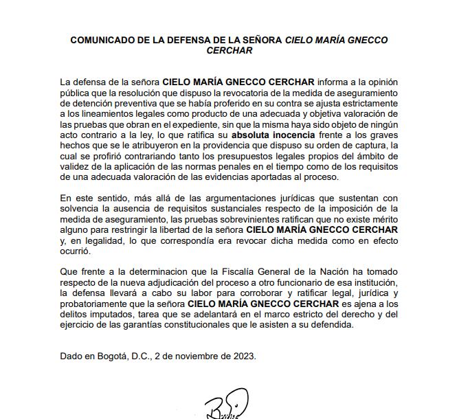 Defensa de Cielo Gnecco celebró decisión de revocarle la orden de captura.