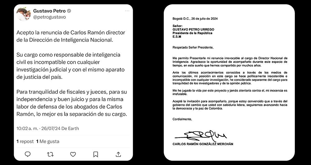 Carta de renuncia de Carlos Ramón González y la aceptación del presidente Petro.