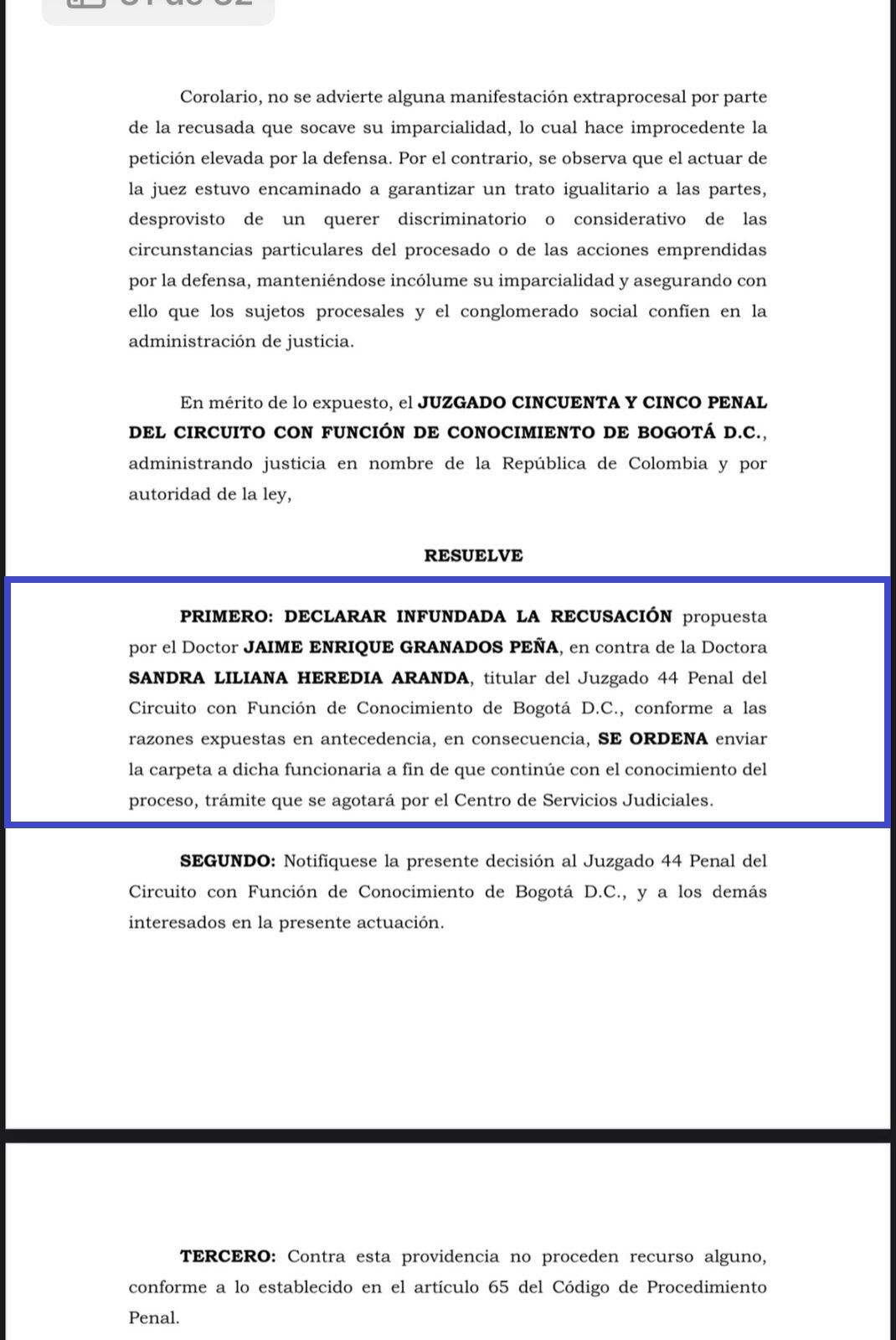 Niegan recusación contra la jueza del caso Uribe.