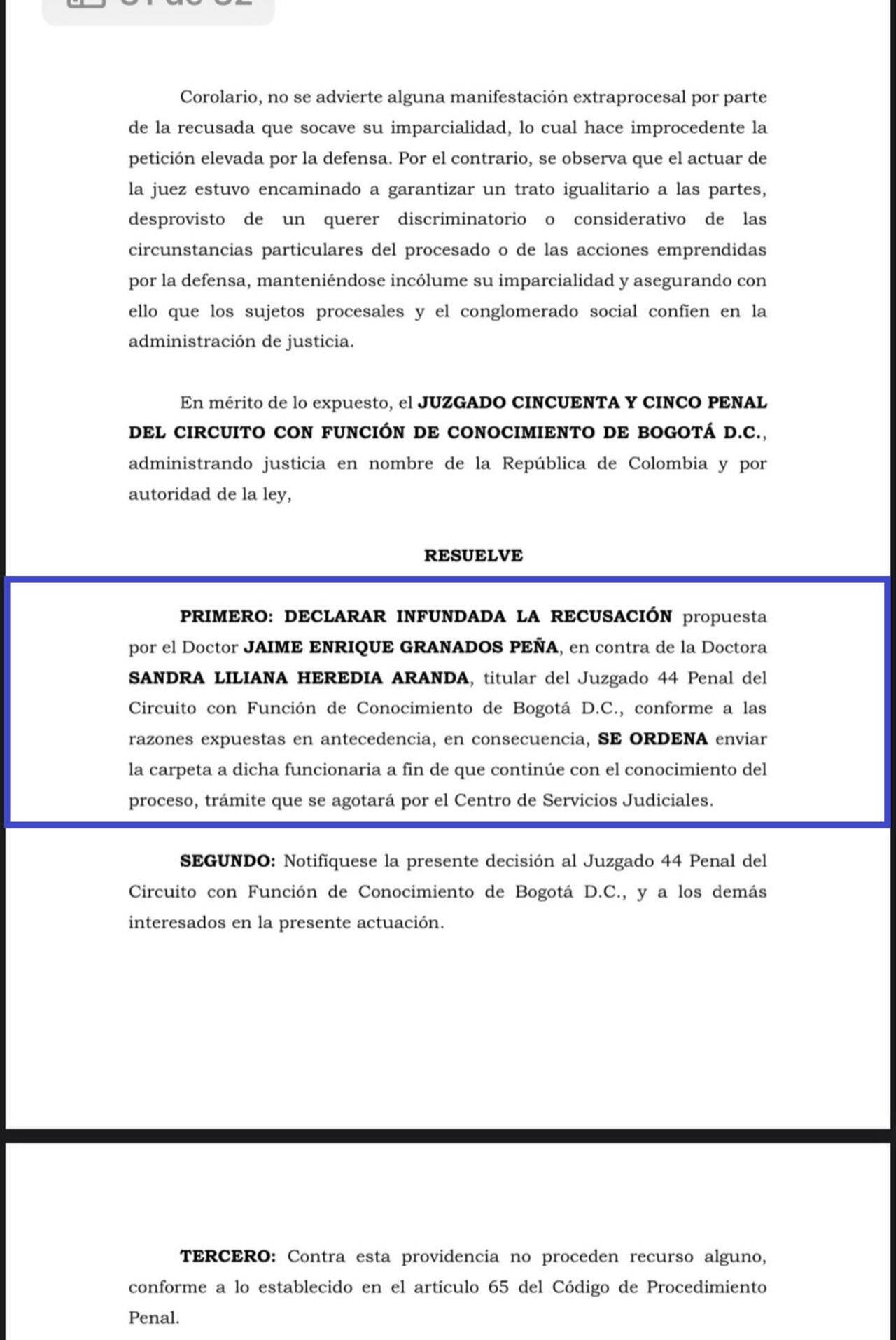 Niegan recusación contra la jueza del caso Uribe.