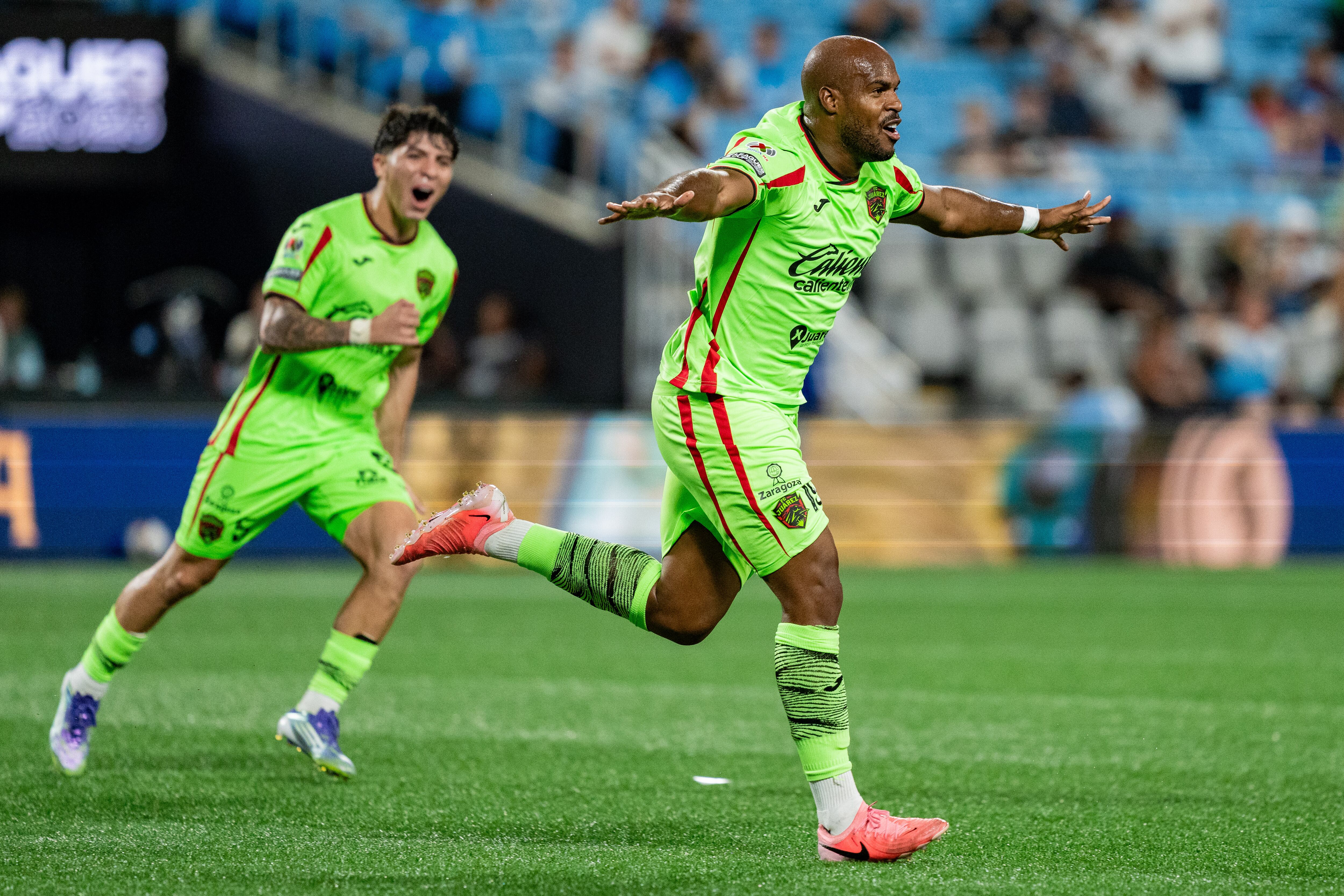 CHARLOTTE, NORTH CAROLINA - JULY 31: Óscar Estupiñán #19 of Juárez celebrates after scoring in the second half during the Leagues Cup Phase One match between Charlotte FC and FC Juárez at Bank of America Stadium on July 31, 2025 in Charlotte, North Carolina. (Photo by Jacob Kupferman - Leagues Cup/MLS via Getty Images)