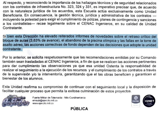 Los documentos del año 2026, alertaban en reiteradas ocasiones sobre los retrasos críticos en las obras en el Fuerte Militar de Tolemaida.
