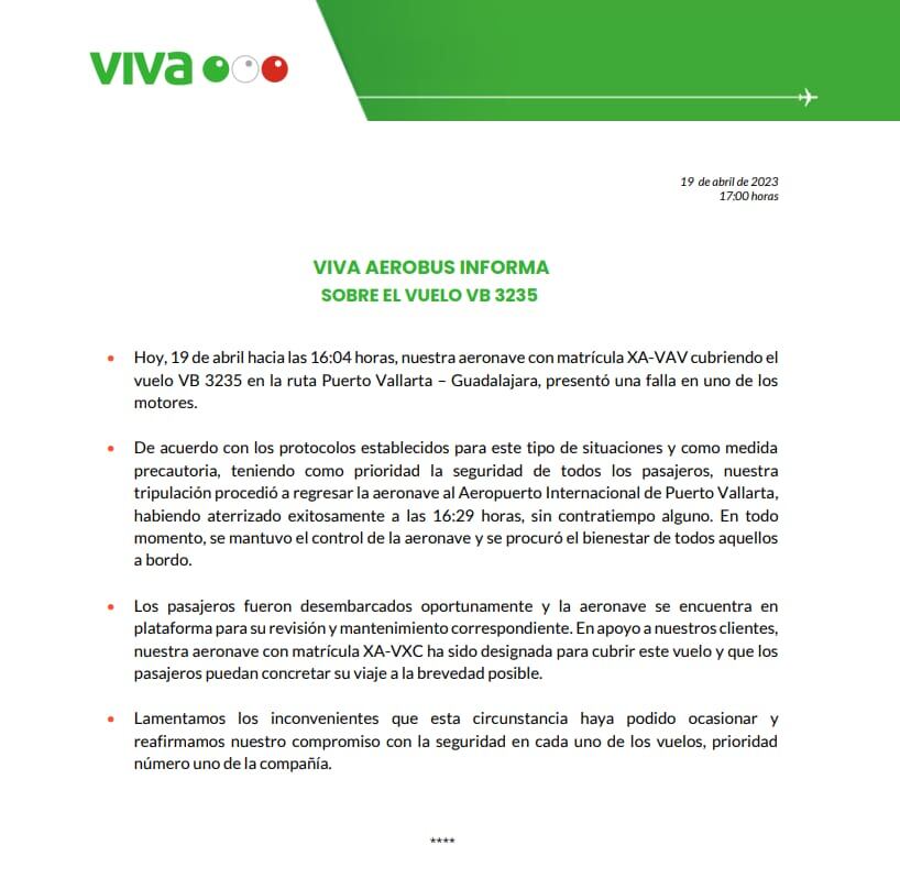 La aeronave aterrizó a las 16:29 horas de este miércoles 19 de abril.