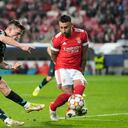 Dynamo Kyiv's Benjamin Verbic, left, and Benfica's Nicolas Otamendi challenge for the ball during the Champions League group E soccer match between Benfica and Dynamo Kyiv at the Luz stadium in Lisbon, Wednesday, Dec. 8, 2021. (AP Photo/Armando Franca)