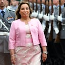 Peru's President Dina Boluarte reviews the honor guard ahead of her meeting with German President Frank-Walter Steinmeier, at Bellevue Palace, Berlin, Friday, Oct. 13, 2023. (Bernd von Jutrczenka/dpa via AP)