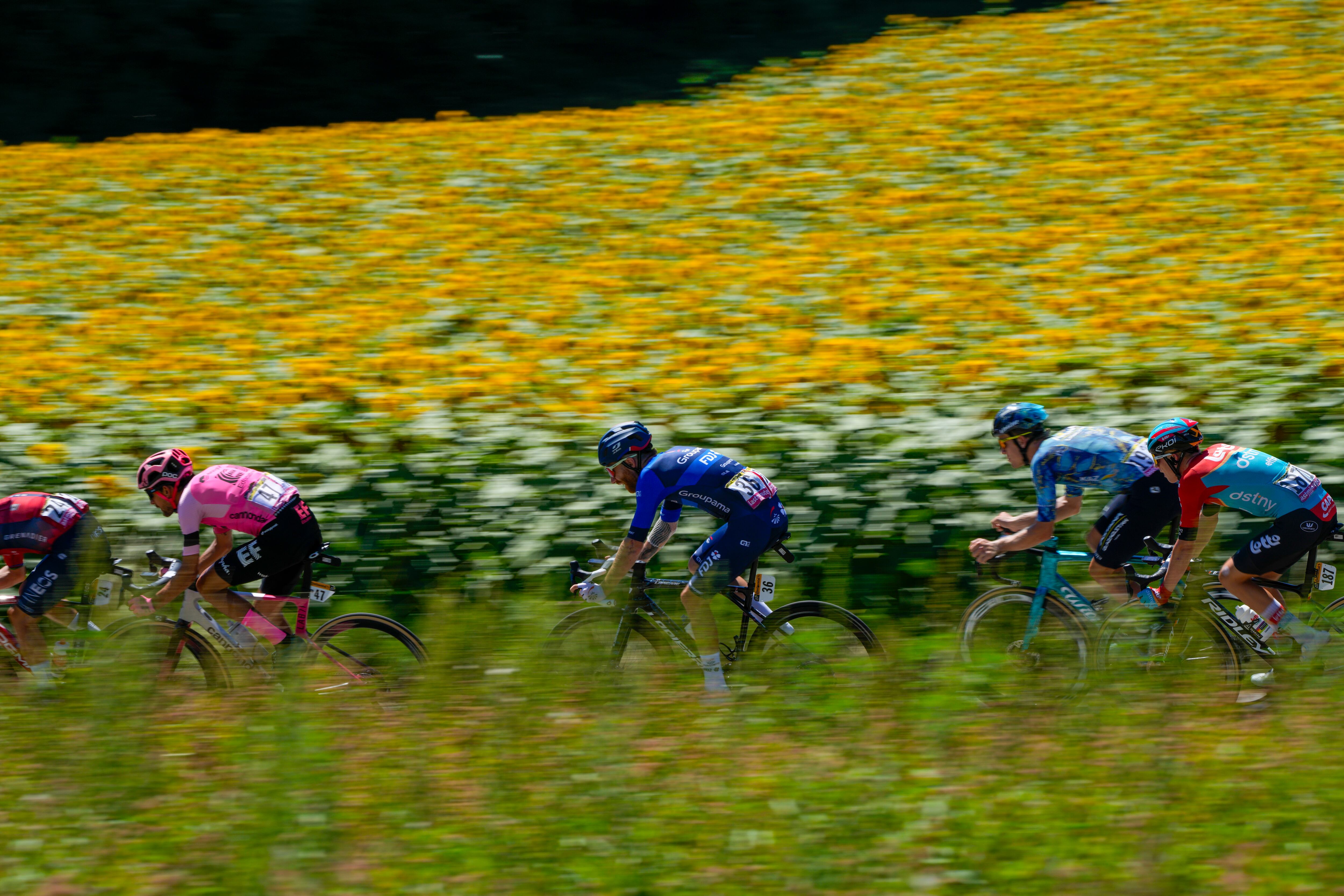 Poland's Michal Kwiatkowski, Britain's James Shaw, France's Quentin Pacher, Colombia's Harold Tejada, and Belgium's Maxim van Gils, from left, ride breakaway during the thirteenth stage of the Tour de France cycling race over 138 kilometers (86 miles) with start in Chatillon-sur-Chalaronne and finish on Grand Colombier pass, France, Friday, July 14, 2023. (AP Photo/Daniel Cole)