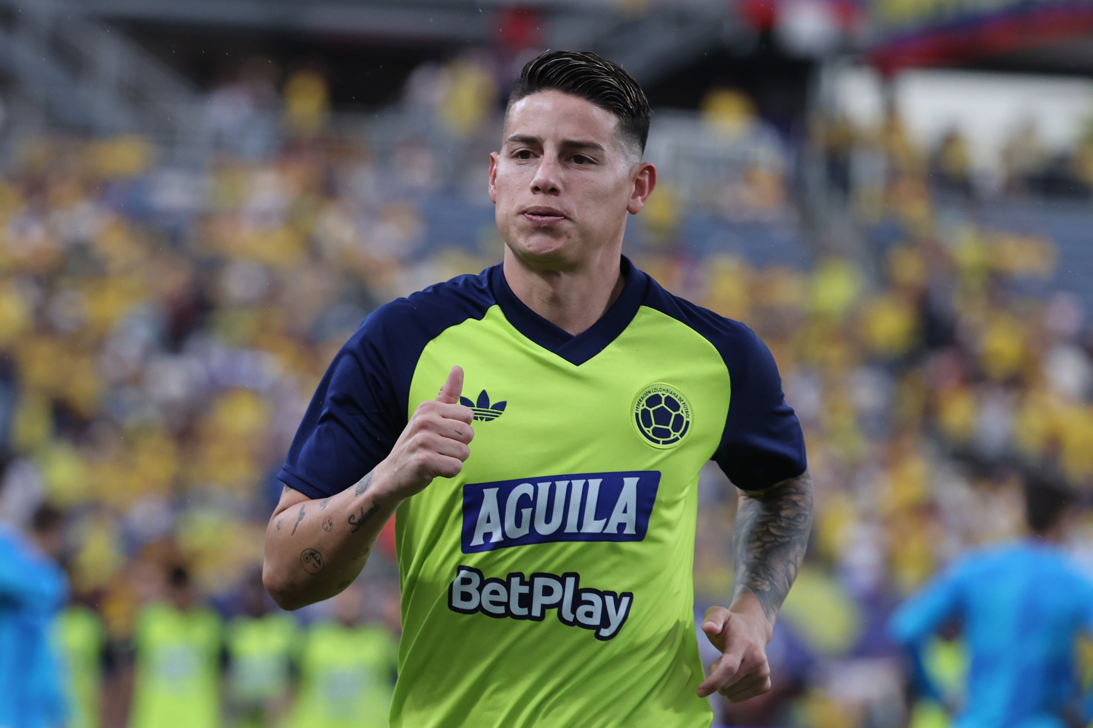 ORLANDO, FLORIDA - MARCH 26: James Rodriguez of Colombia warms up prior to the international friendly match between Colombia and Croatia at Camping World Stadium on March 26, 2026 in Orlando, Florida. (Photo by Leonardo Fernandez/Getty Images)