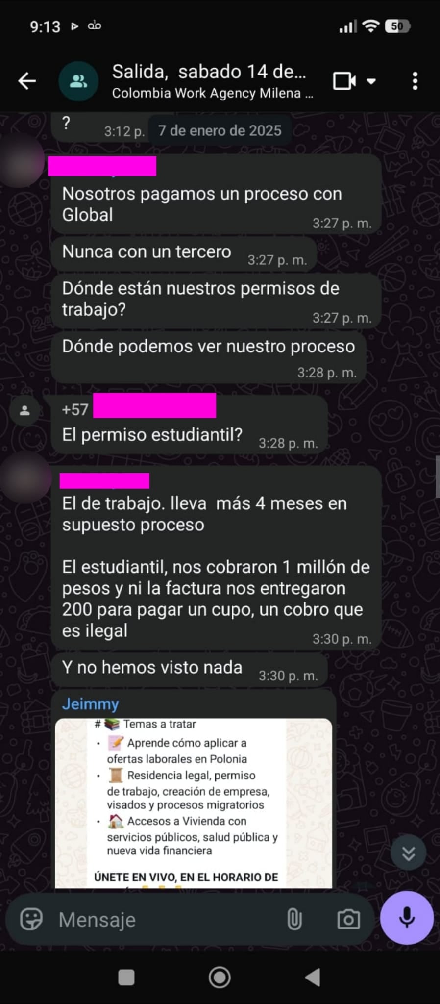 Chats de reclamo hacia Colombia Global Work Agency por incumplimientos.