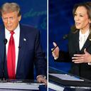 This combination of photos shows Republican presidential nominee former President Donald Trump, left, and Democratic presidential nominee Vice President Kamala Harris during an ABC News presidential debate at the National Constitution Center, Tuesday, Sept. 10, 2024, in Philadelphia. (AP Photo/Alex Brandon)