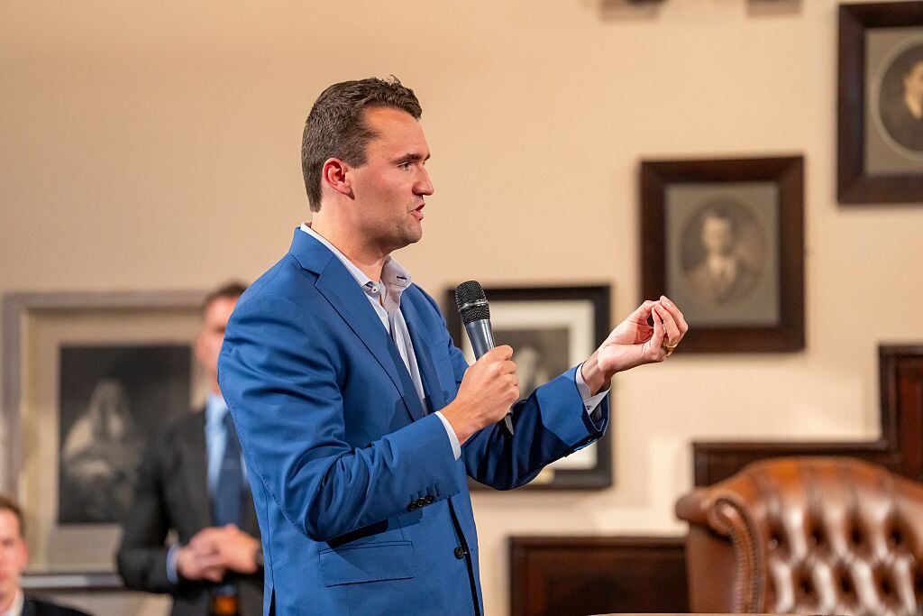 CAMBRIDGE, CAMBRIDGESHIRE - MAY 19: Charlie Kirk debates with students at The Cambridge Union on May 19, 2025 in Cambridge, Cambridgeshire. (Photo by Nordin Catic/Getty Images for The Cambridge Union)