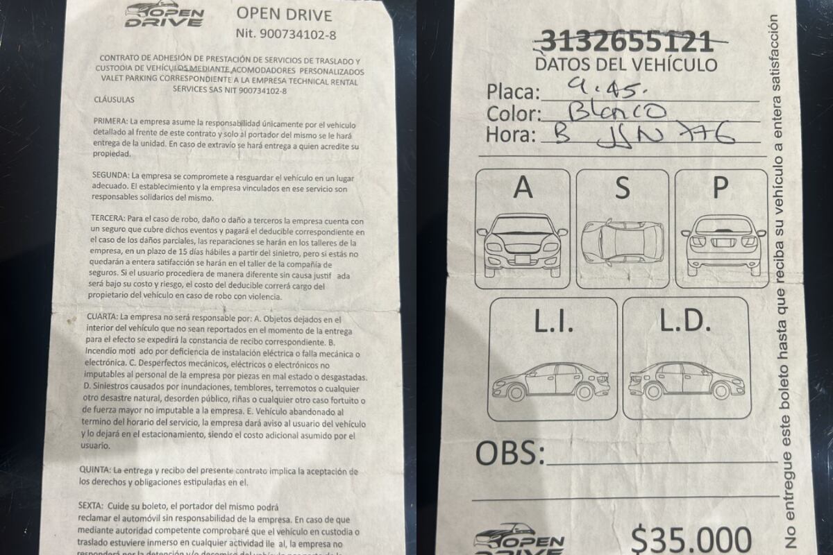 Este es el tiquete de entrega de la camioneta a Open Drive.