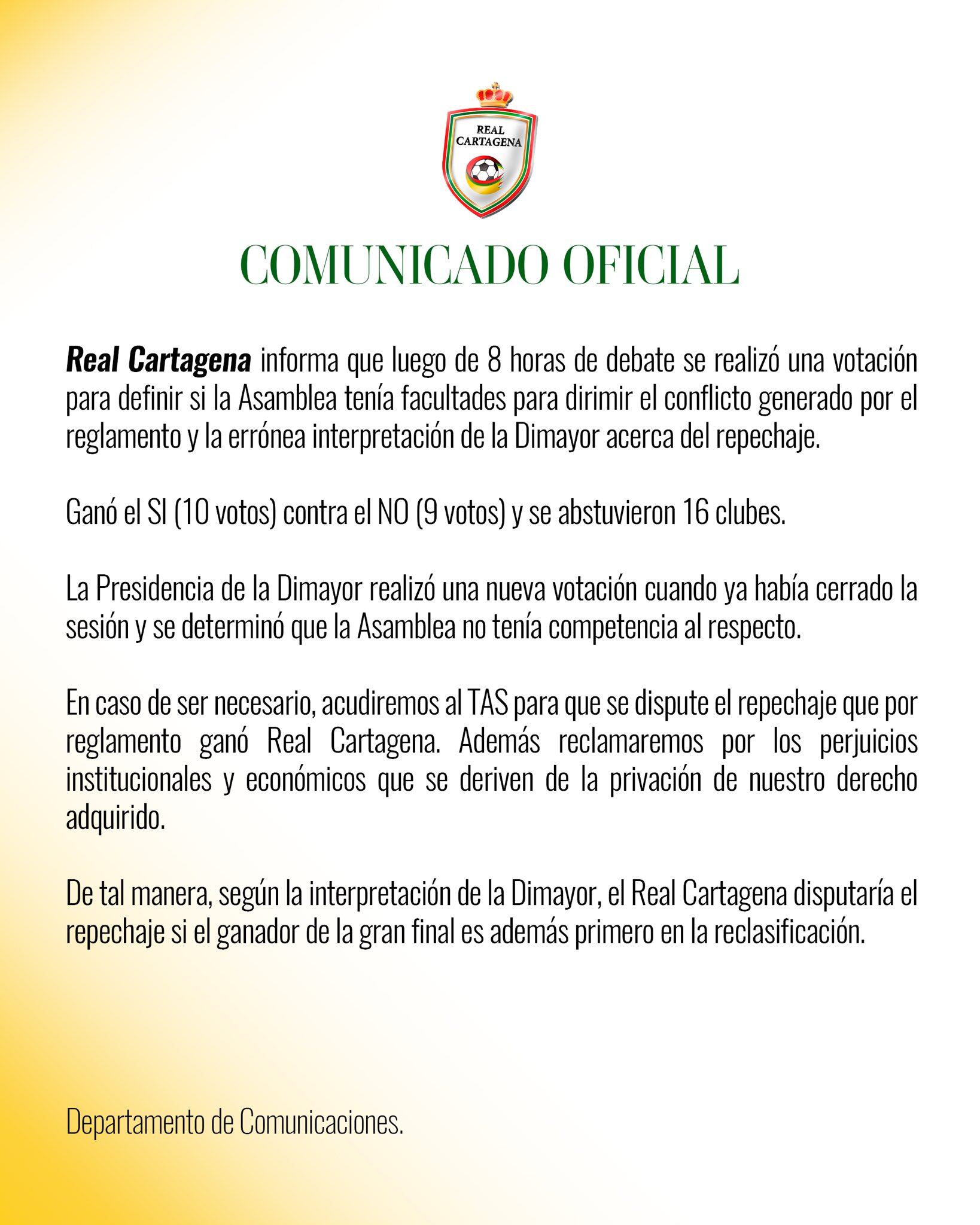 Comunicado oficial del Real Cartagena.