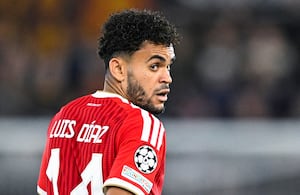 Stavanger 20261013.
Bayern Munich's Luis Diaz celebrates the 2-3 goal during the Champions League football match between Viking and Bayern Munich at Lyse Arena in Stavanger.
Photo: Carina Johansen / NTB (Photo by Carina Johansen / NTB via AFP)