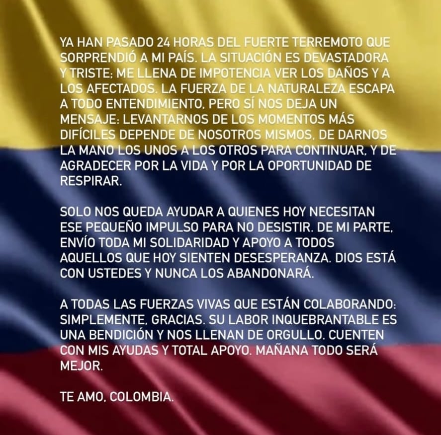 Comunicado de James Rodríguez tras el terremoto en Colombia.